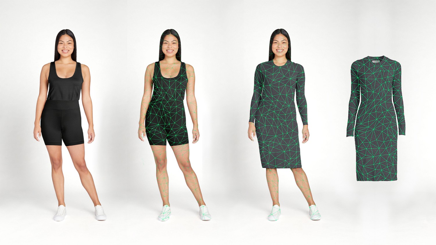 Four side by side images show how the Zeekit Be Your Own Model scans user's body and places the product on their image.