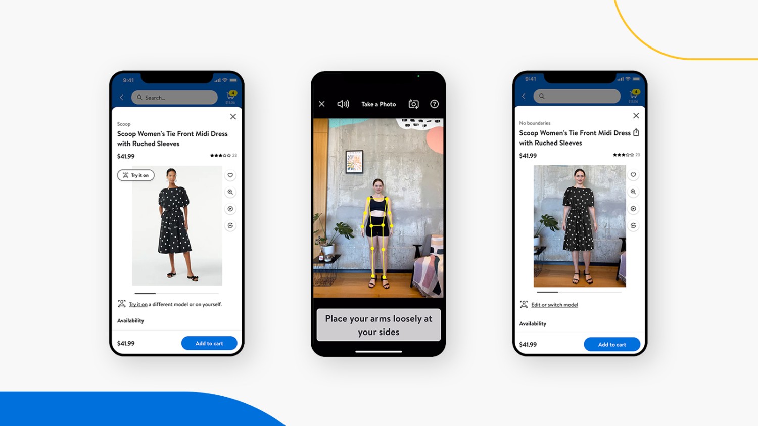 Three screenshots of the mobile app Be Your Own Model by Zeekit. First screenshot shows the dress being sold on the model with product description and price. Second screenshot is of the customer using the app to take a full length body picture of herself while the app gives guidelines for image. Third screenshot uses the customer's image with the product dress on her body along with product details and price.