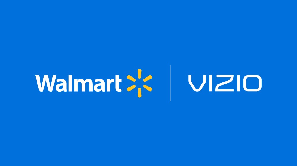 Walmart logo and VIZIO logo are seen together on a blue background.