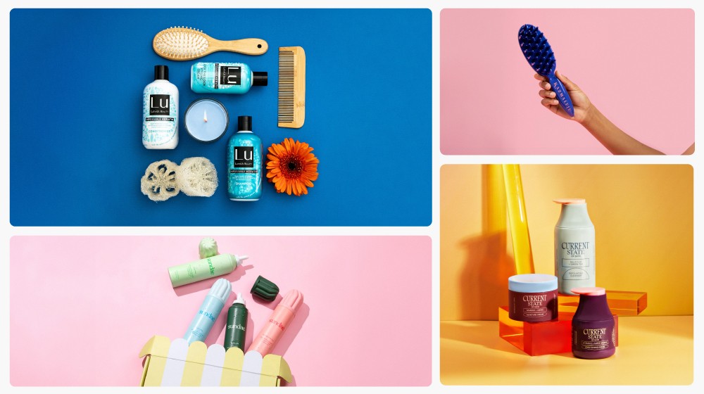 Four block collage of beauty products. Top left: a brush, comb and Lu haircare products. Top right, an arm holding a hair brush. Bottom right: Current State skin products. Bottom left: Sundae Body Care products.