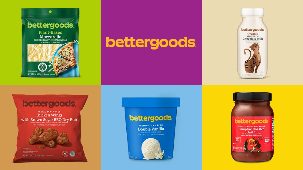 Bettergoods logo in orange on purple background with five siloed product images to form grid. Products include bettergoods plant-based mozarella, organic chocolate milk,  chicken wings with brown sugar bbq, double vanilla ice cream and campfire roasted salsa.