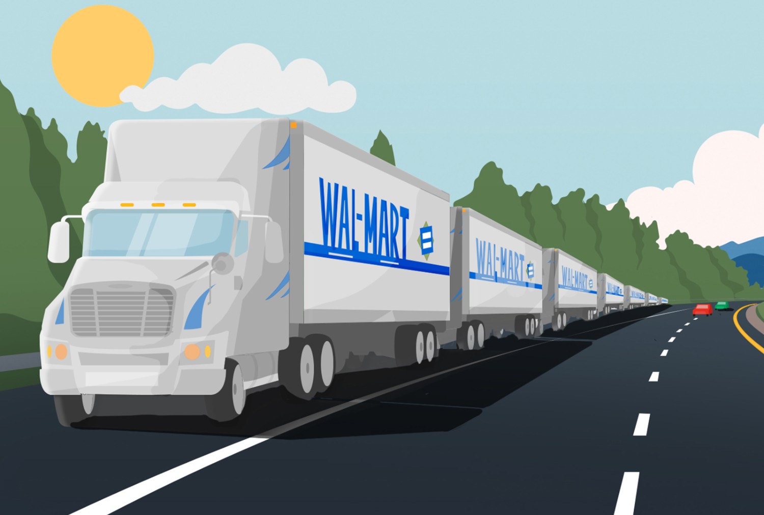 Illustration of Walmart tucks transporting Hurricane Katrina recovery donations
