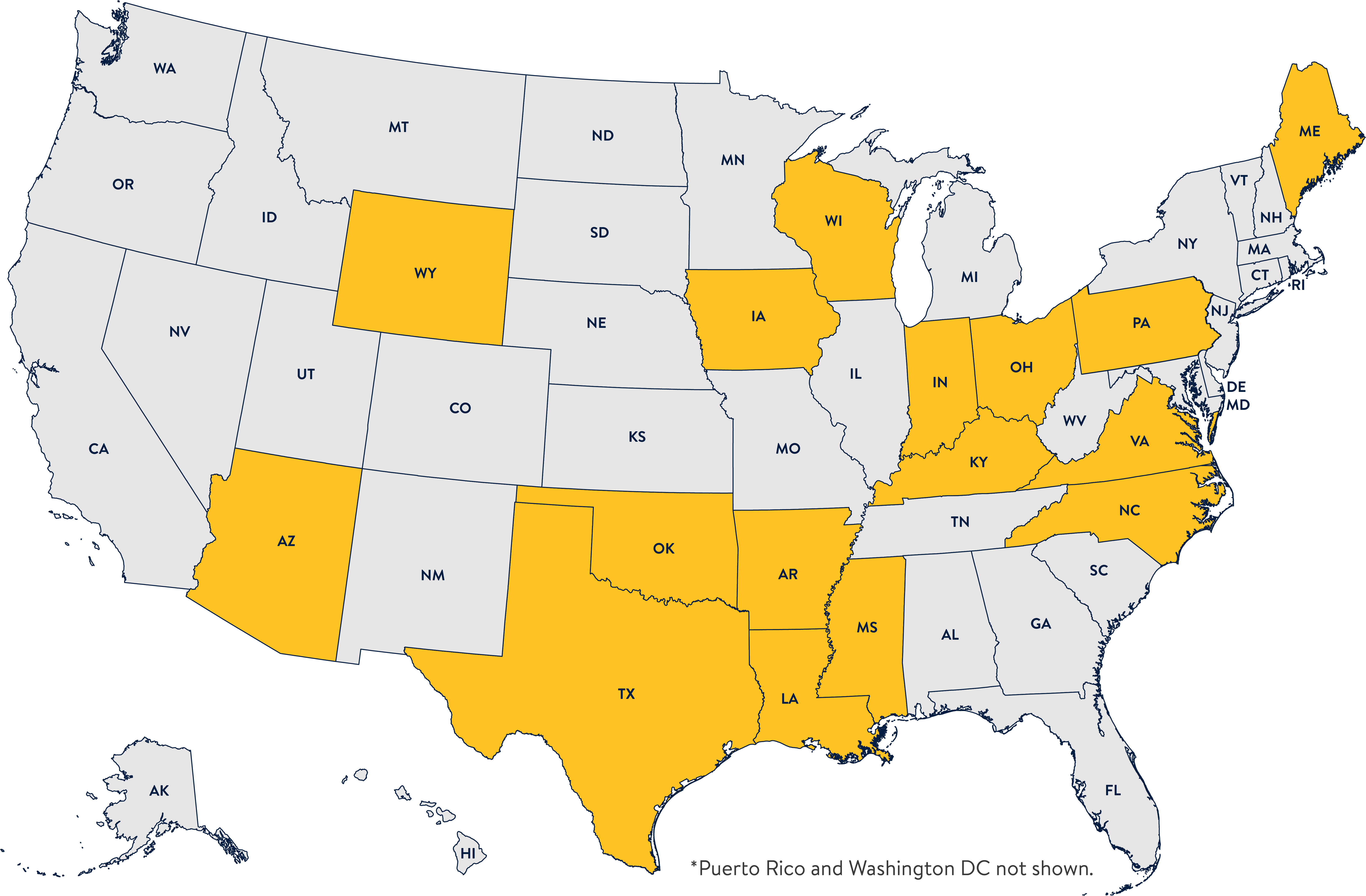 U.S. States Featuring WALPAC Contributions to State-level Candidates and Committees in 2023 includes Arizona, Arkansas, Iowa, Indiana, Kentucky, Louisiana, Maine, Mississippi, North Carolina, New Jersey, Ohio, Oklahoma, Pennsylvania, Texas, Virginia, and Wyoming
