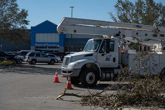 A lineman's truck with tree limbs on the ground