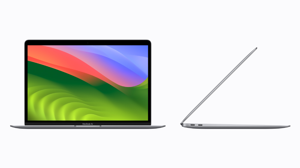 Front and side views of a silver MacBook Air.