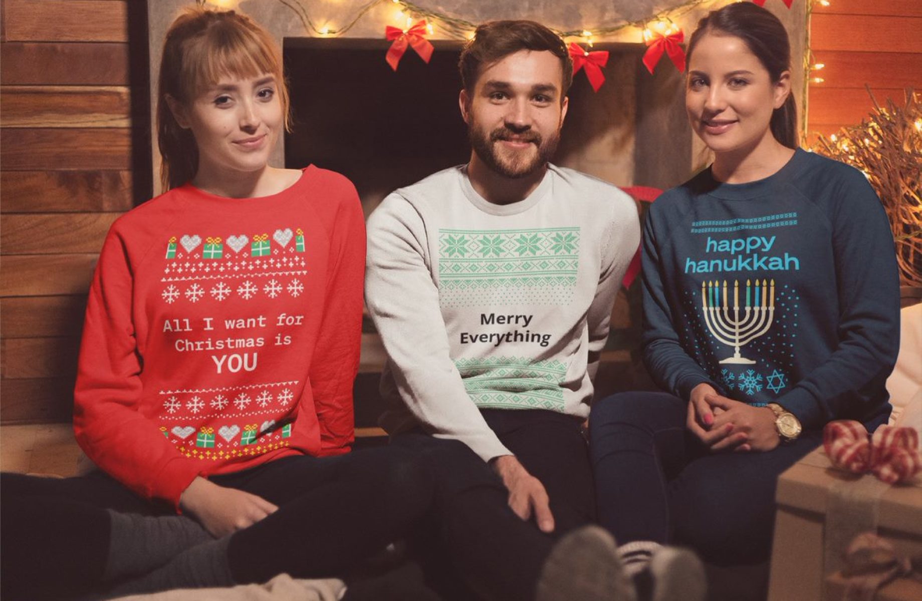 Photo of friends wearing ugly sweaters