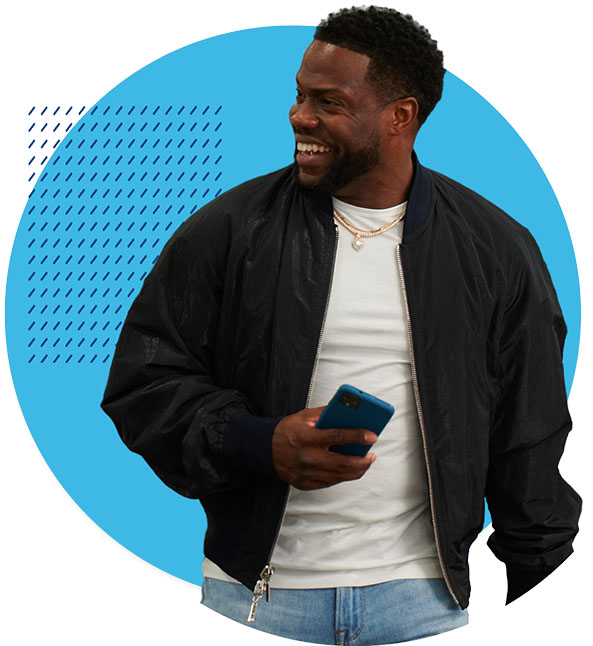 Cutout photo of Kevin hart with a blue circle in the background