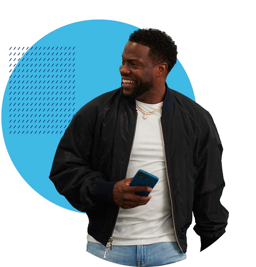 Cutout photo of Kevin hart with a blue circle in the background