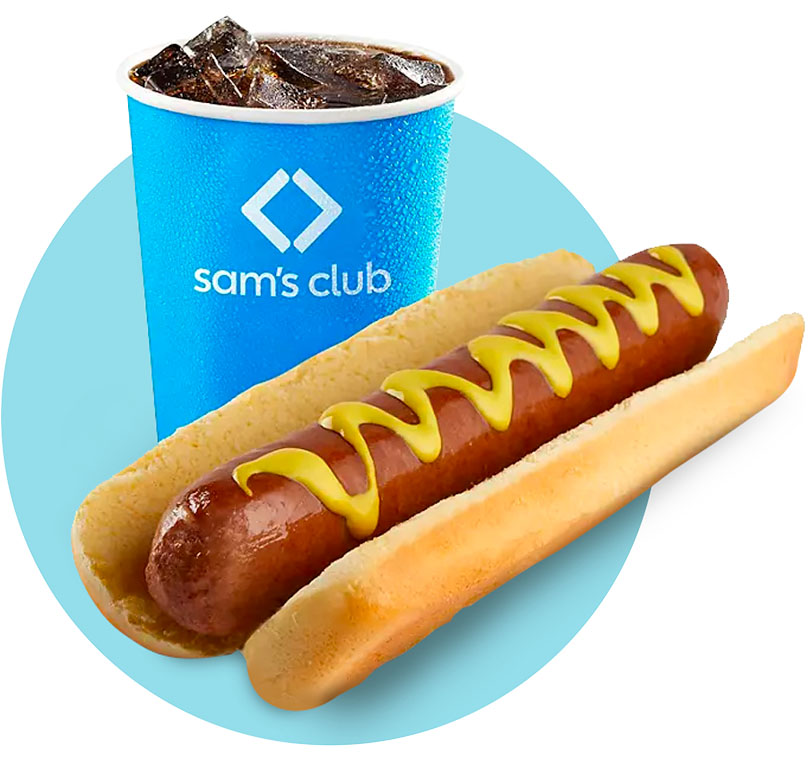 Cutout photo of Sam's Club hotdog and a soda cup.